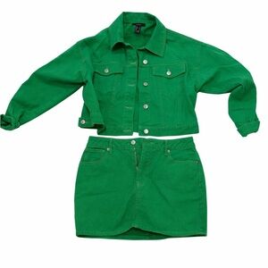 Green Denim Jacket and Skirt Set